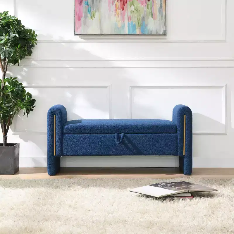 TUYOHW Modern Bed End Bench with Arms and Storage, Upholstered Large Foot Rest Stool, Comfy Window Vanity Bench for Living Room, Navy Blue