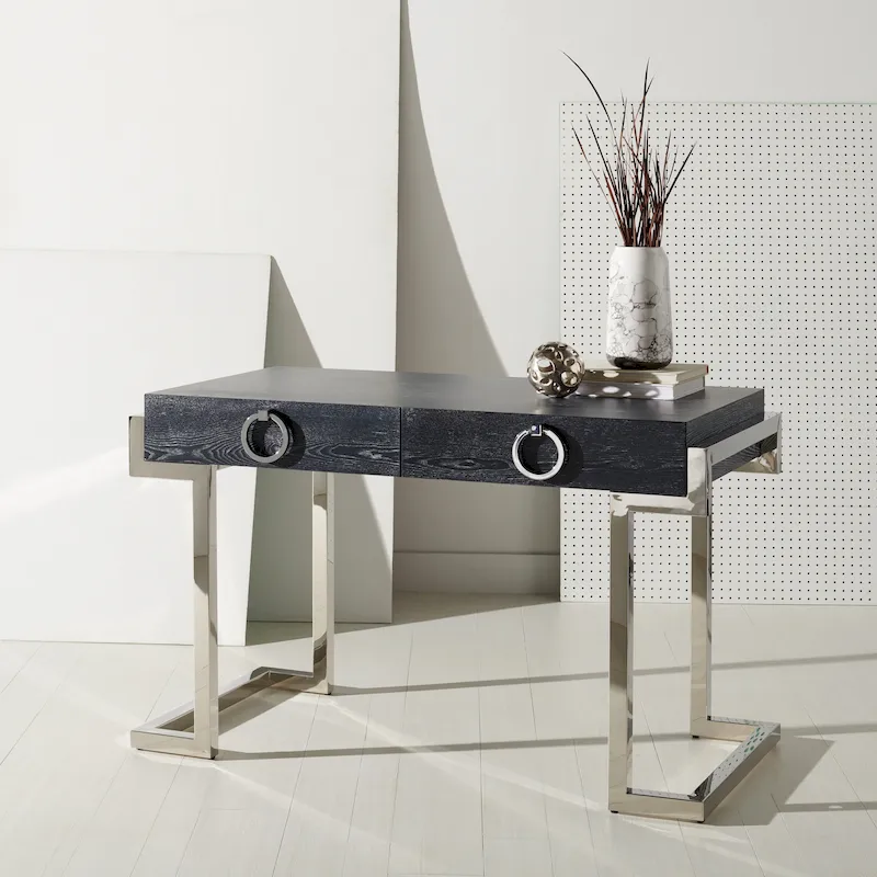 Art Deco Black Lacquer & Gold Leaf 2-Drawer Storage Desk – Luxurious Design
