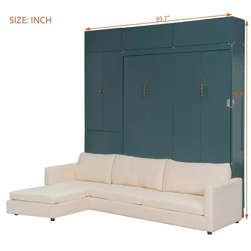 Queen Murphy Wall Bed with Beige Sofa and Shelves, Green Panel