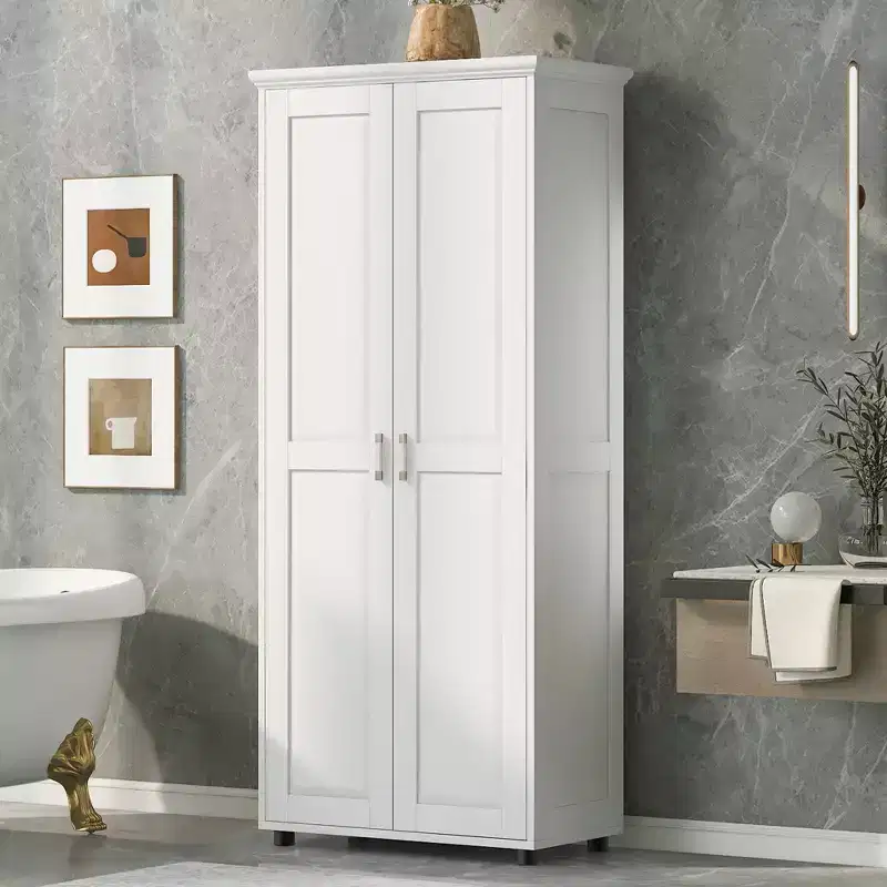 Minimalist Style Storage Cabinet with Double Doors and Adjustable Shelves for Bathroom, Office - White