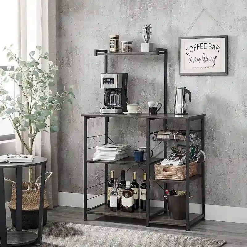 Kitchen Microwave Oven Stand Shelf with Wire Basket and 6 S-Hooks - 35.4L x 15.7W x 52H