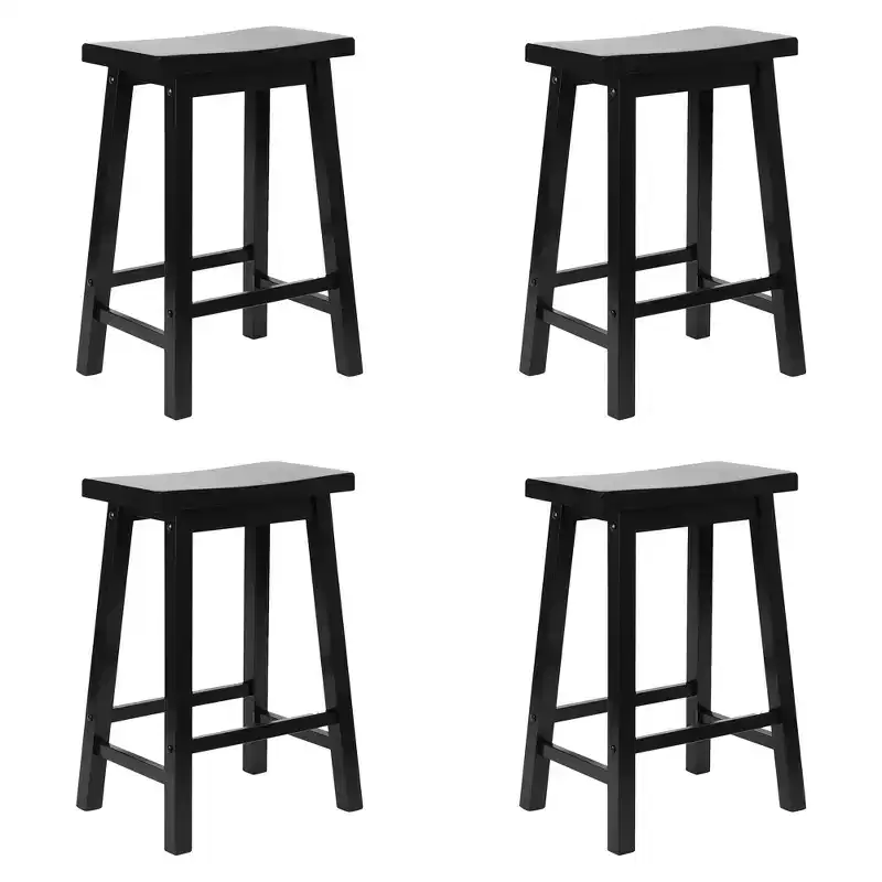 PJ Wood Classic Saddle-Seat 24'' Tall Kitchen Counter Stool for Homes, Dining Spaces, and Bars with Backless Seat, 4 Square Legs, Black (4 Pack)