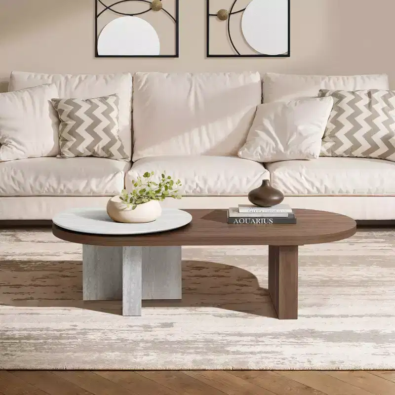 Travertine-Style and Walnut Finish MDF Wood Oval Coffee Table Brown