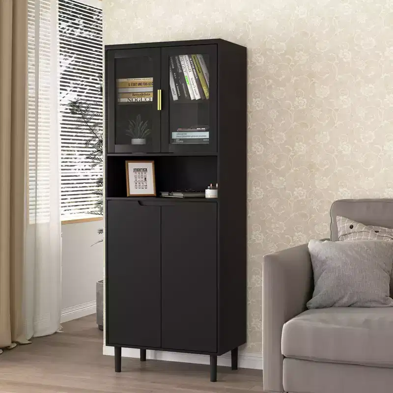 Tall Bookshelf with Adjustable Board, Freestanding Storage Shelves with 4 Tempered Glass Doors, Display Case for Living Room, Office, Black