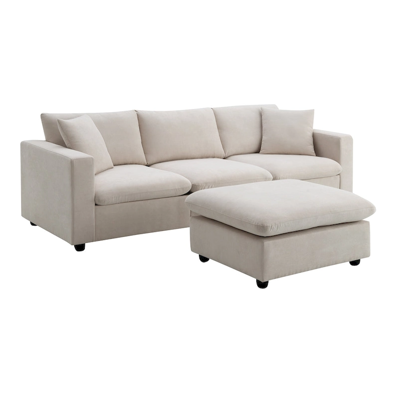 L-shaped Polyester Fabric Couch Set with 2 Free Pillows and Convertible Ottoman