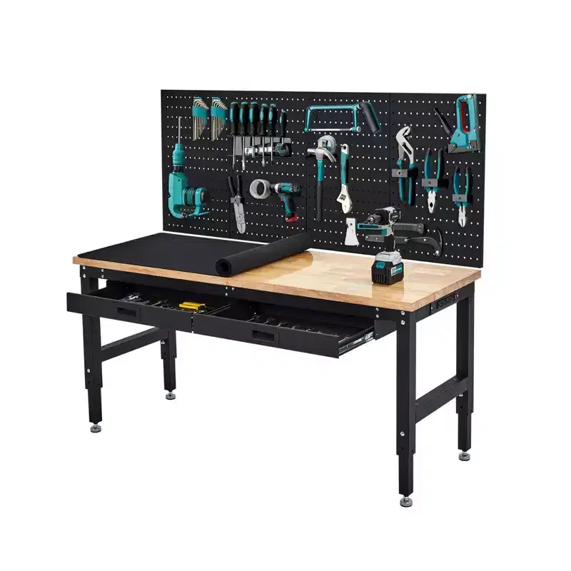 60 Inch Work Table for Garage, 2000 Lbs Heavy Duty Work Bench with Pegboard and Drawers, Rubber Wood Adjustable Workbench with Power Outlets