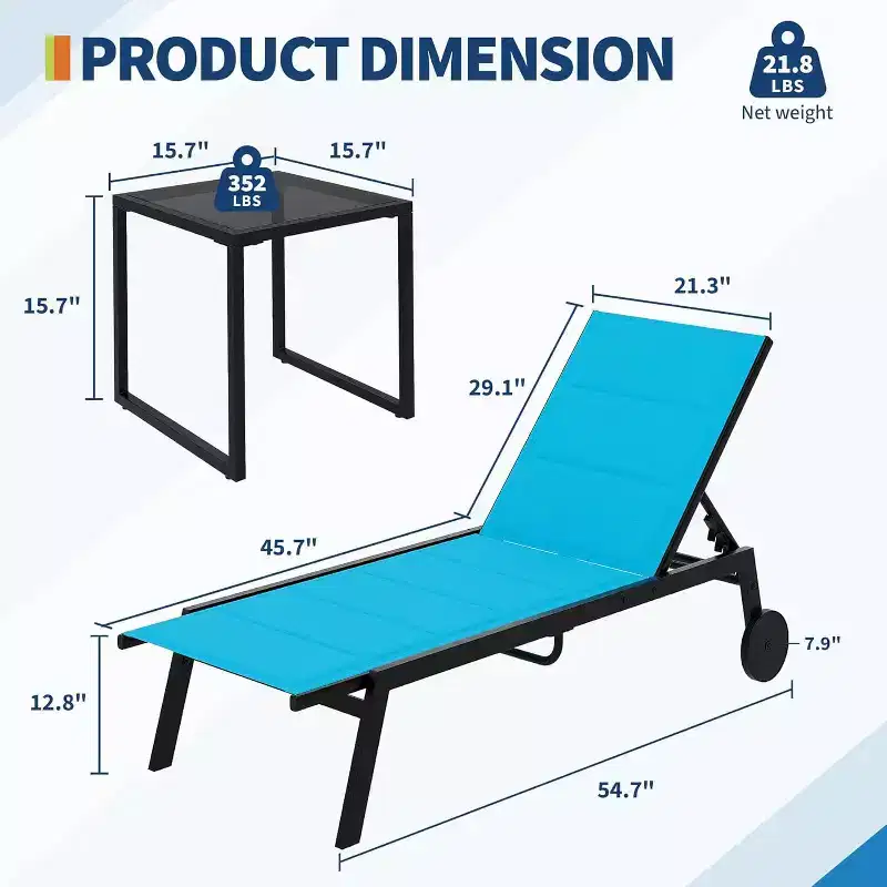 GustoWave Outdoor Chaise Lounge Chairs Set of 3, 5-Position Adjustable Backrest, with Wheels & Side Table for Patio, Poolside and Beach