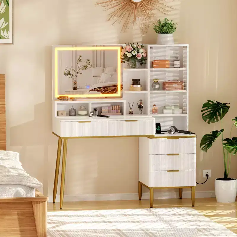 Fluted Vanity Desk with Mirror, Makeup Vanity with 5 Drawers & Shelves, Modern Dressing Table for Bedroom