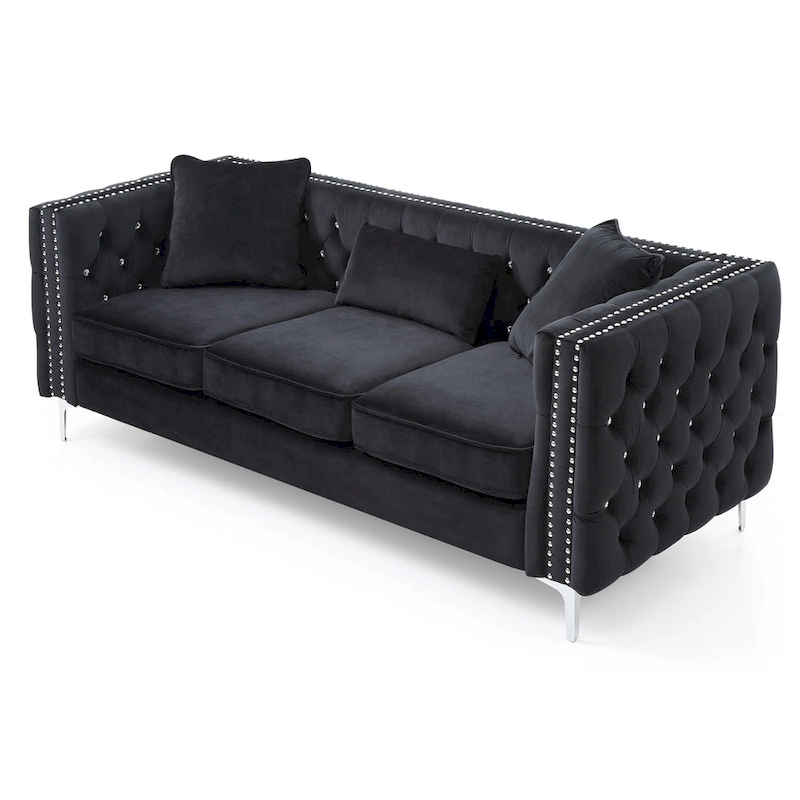 Paige 86 in. Tufted Velvet 3-Seater Sofa with 2-Throw Pillow - 86L x 34W x 30H