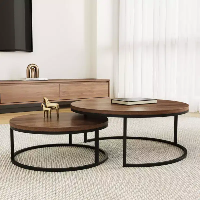 Gaoyangjiaju 31.5 Modern Round Nesting Coffee Table Set of 2 - Industrial Circular Center Tables for Living Room - Walnut/Black