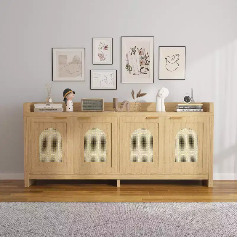 Natural Rattan TV Stand for 65 Inch TV, 61.5 Entertainment Center with Glass Doors, Storage Cabinet