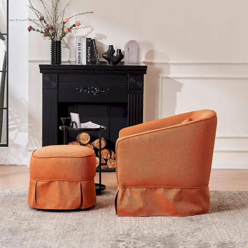 Swivel Barrel Chair With Ottoman, Swivel Accent Chairs Armchair, Reading Chairs, Round Barrel Chairs with Black Metal Base