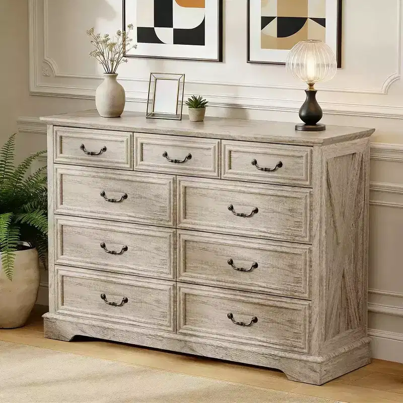 Wood 9-Drawer Dresser with Wood Top and Metal Handles, 36