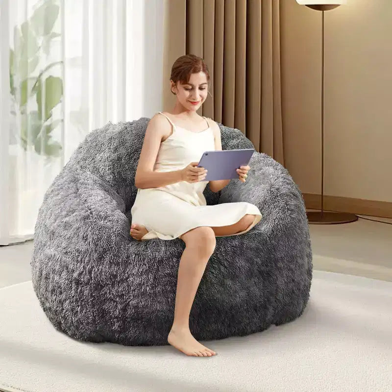 Adult Faux Fur Bean Bag Chair with Armrests - High-Density Foam Floor Sofa