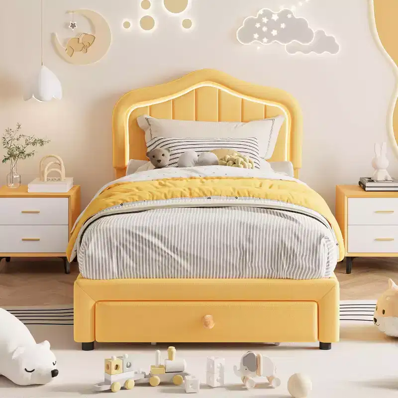 Twin Upholstered Bed Frame with Storage Drawer and Smart Led Headboard, Twin Size Platform for Kids, Wooden Slats Support, No Box Spring Needed