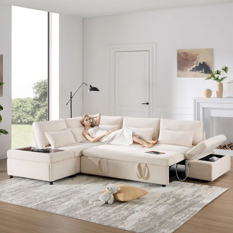 Chenille Modular Sectional Sleeper Sofa Bed with Storage Ottoman