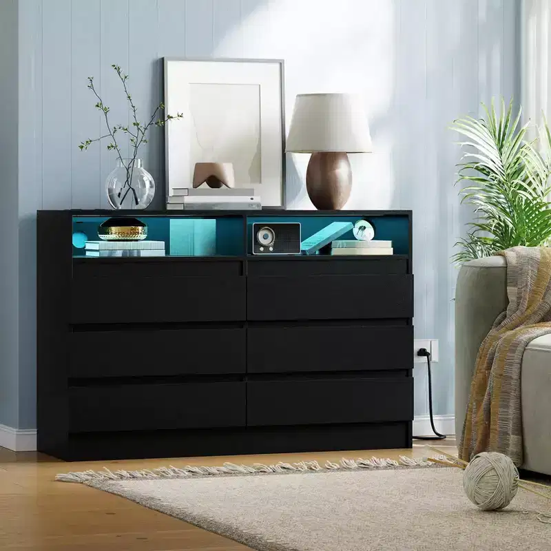 6-Drawer Double Dresser with LED Lights & Power Outlet, Handle-Free Modern Bedroom Dresser, 2 AC + 2 USB, Black/White