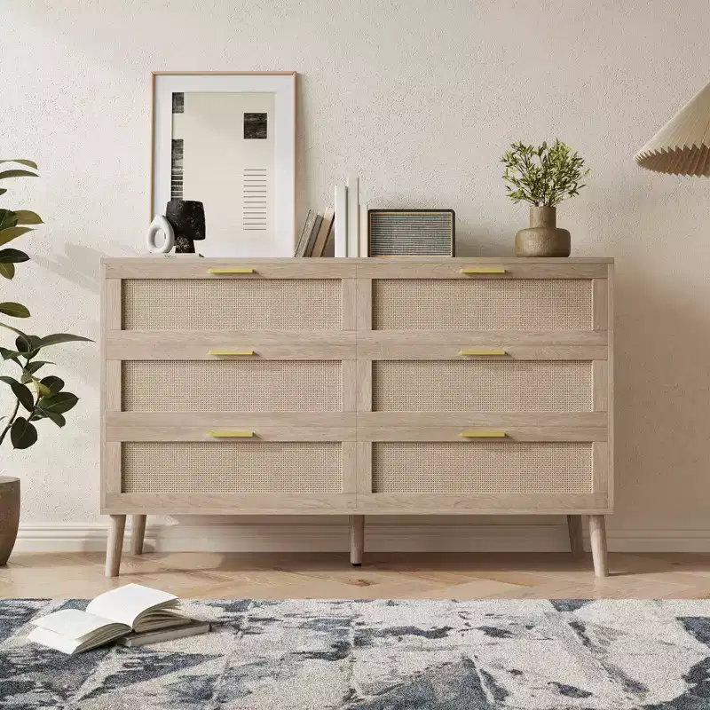 Farmhouse Natural Ratta 6 Drawer Dresser with Gold Metal Handle and 5 Strong Legs for Living Room