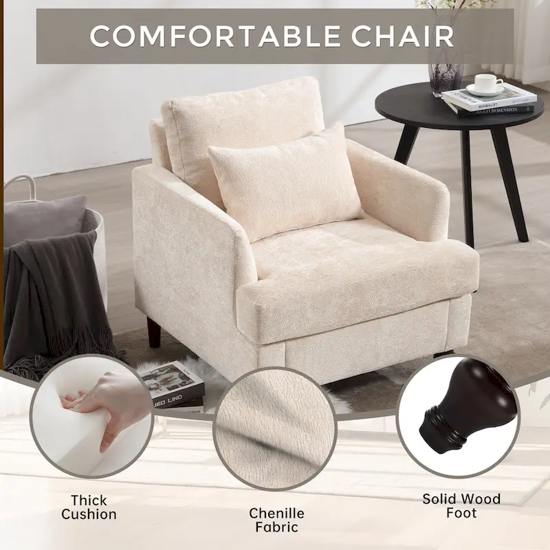 Beige 29.53 Chenille Upholstered Arm Chair with Solid Wood Frame and Cushions