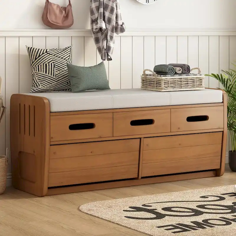 Natural Wood / Navy Rustic Storage Bench, 2-Drawer, Seats 1–2