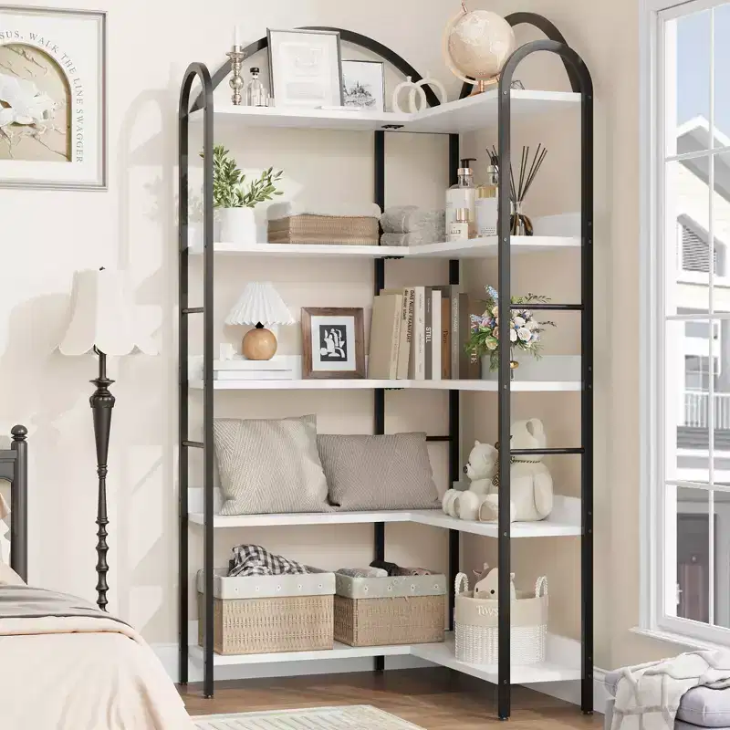 68.5Industrial Wooden Bookshelf with Metal Frame, 5-Tier Reversible Corner Bookcase, Open Storage Organizer for Living Room, Bedroom, Home Office