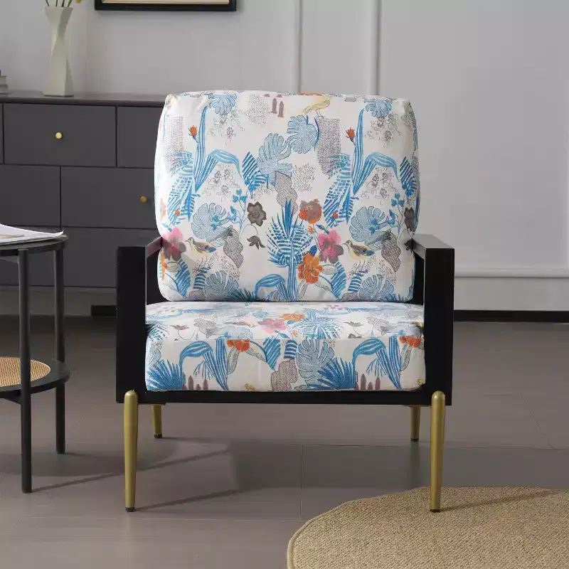 Mid-Century Modern Metal and Rubberwood Velvet Arm Chair