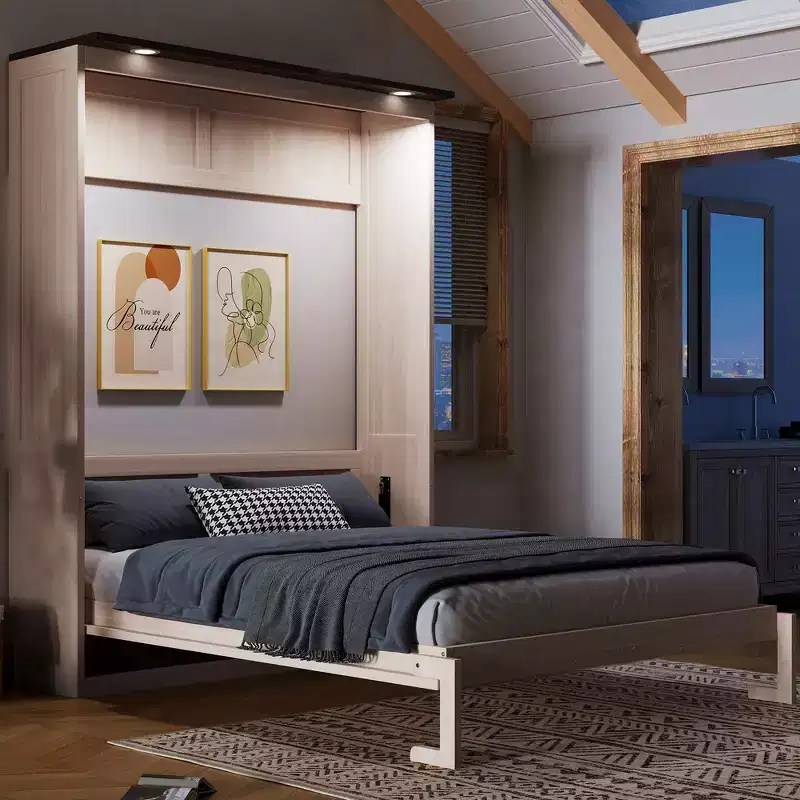 Queen Size Murphy Bed with LED, Solid Pine and MDF Construction