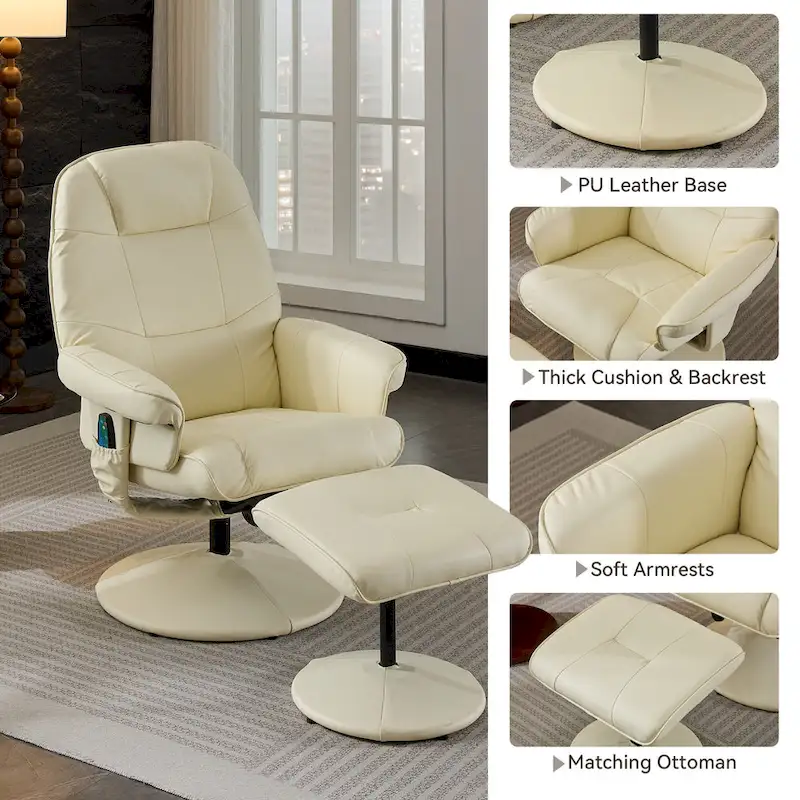 PU Leather 360 Swivel Massage Recliner Chair with Ottoman, Massage and Heated Seat, 140 Adjustable Backrest