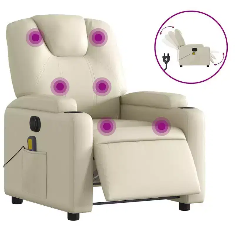 Electric Massage Recliner Chair - Cream Faux Leather Adjustable Lounge Armchair with Cup Holders