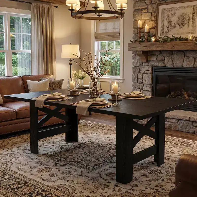 71 Farmhouse Dining Table for 6-8, Large Rectangular Wooden Kitchen Room Table Only w/ Heavy Duty Base & Triangular Legs for Home & Office