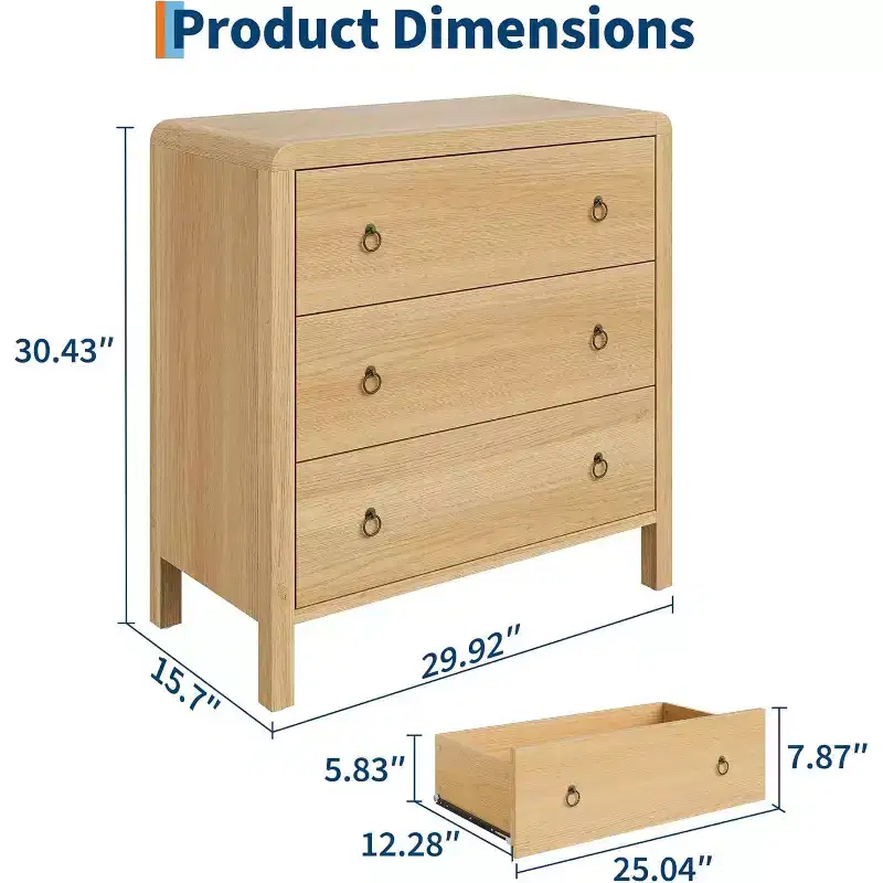 Natural 3 Drawer Dresser, Modern Closet Dressers Chest of Drawers, Wood Storage Dresser Chest of Drawers Clothes Organizer
