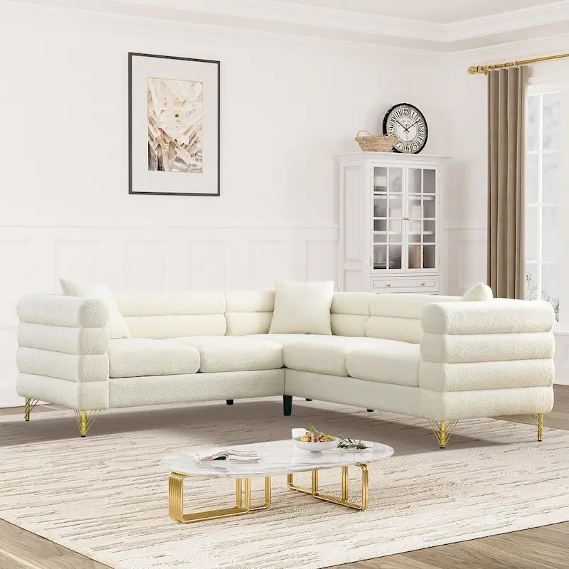 Ouyessir Teddy Fabric Modern Sectional Sofa Sets L-Shape/2/3/4 Seater Sofa Couch with Pillows