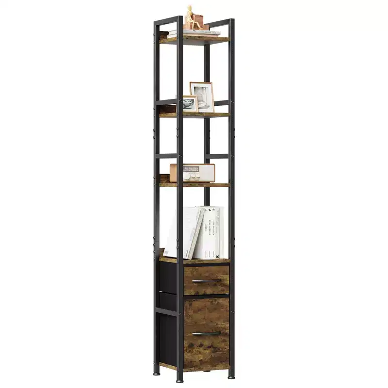 6 Tier Industrial Bookshelf, Tall Narrow Bookcase with 2 Fabric Drawers, Metal Frame Book Shelf, Freestanding Display Shelf Storage Organizer