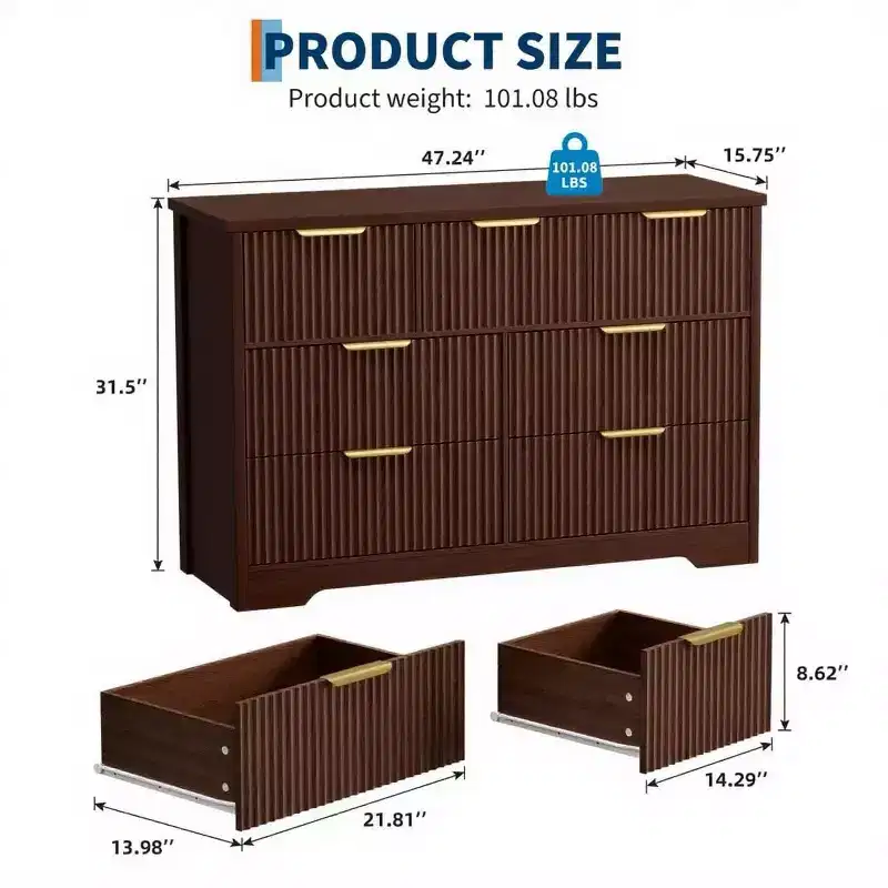 7 Drawer Dresser for Bedroom, 47W Wooden Chest of Drawers with Gold Handles, Fluted Storage Organizer & Media Console TV Stand for Bedroom