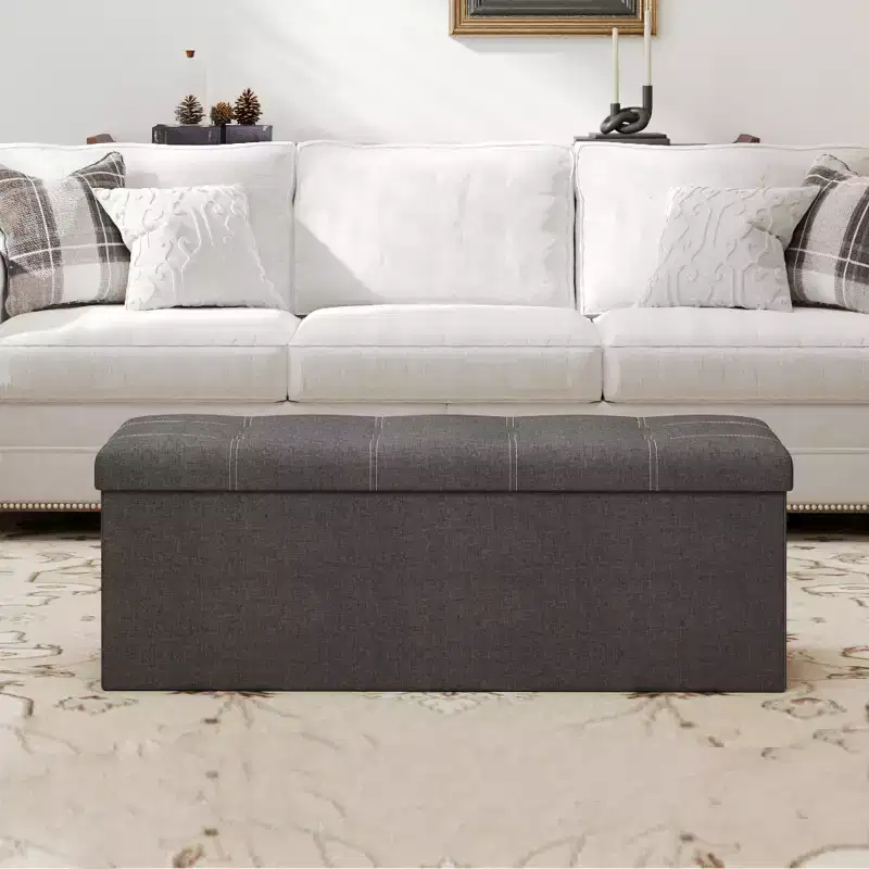43in Folding Storage Ottoman Bench with Padded Linen Seat, 660 lbs Capacity