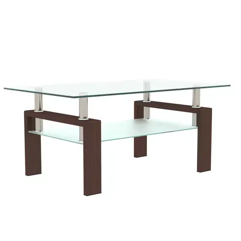 Modern Rectangular Glass Coffee Table with Lower Shelf, Living Room or Office Side Table