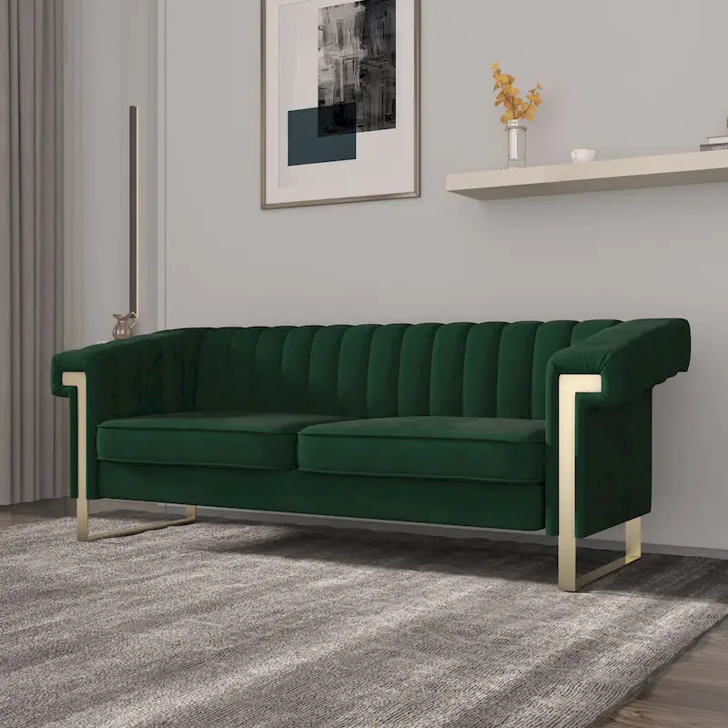 Takefuns Traditional Chesterfield Tufted Velvet Sofa, Couch with Removable Cushions and Gold Legs