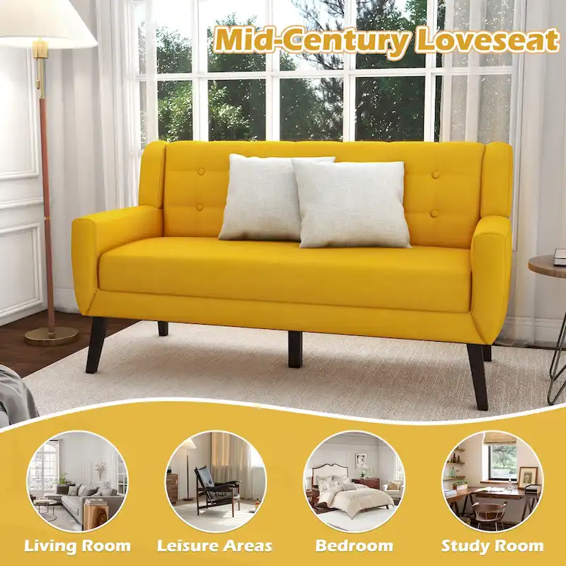 Modern Curved 63 Button Tufted Upholstered Loveseat with 2 Pillows