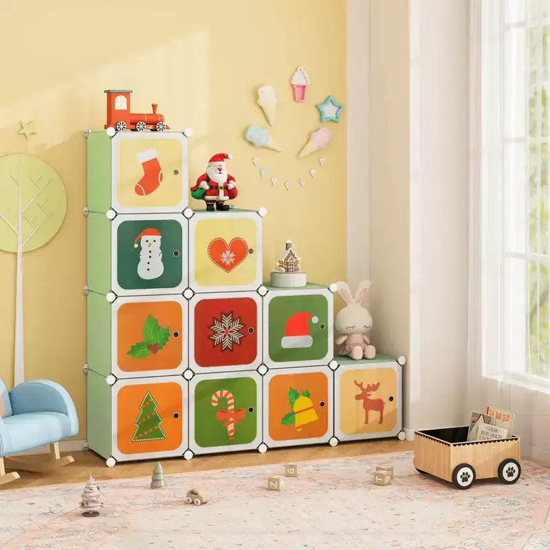 12-Cube Kids Wardrobe with Doors - 8 Storage Cubes + 2 Hanging Sections, Pink/Green, 43