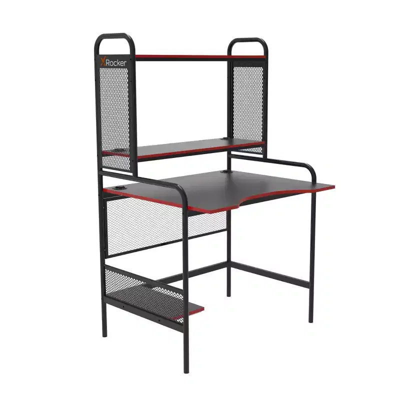 Mesh and Wood Gaming Desk with Open Storage Shelf – 57.5