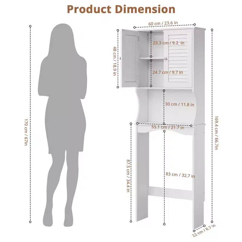 Over The Toilet Storage Cabinet, Above Toilet Bathroom Organizer with Adjustable Shelf and Hooks, Bathroom Shelf Over Toilet with Anti-Tip Device