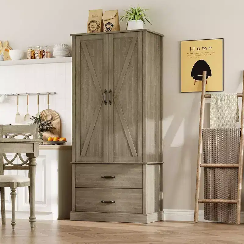Farmhouse Pantry Cabinet with Barn Doors, 2 Drawers & Adjustable Shelves