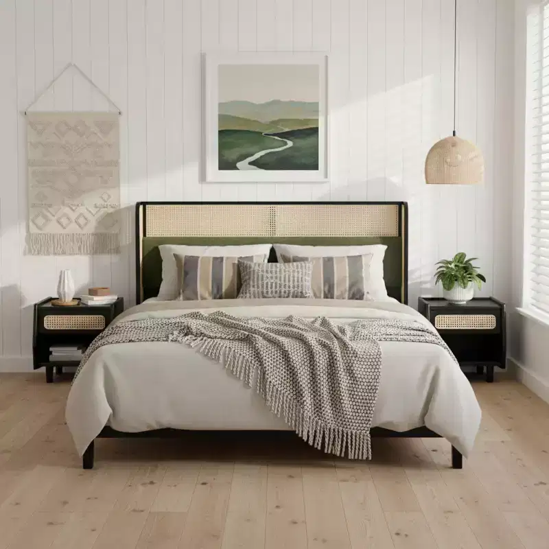 Queen/King Platform Bed Frame with Wingback Upholstered Headboard