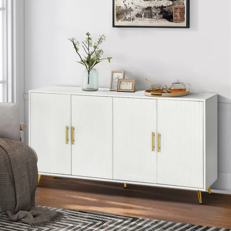 Wood Tv Stand With Storage Cabinet & Adjustable Shelves