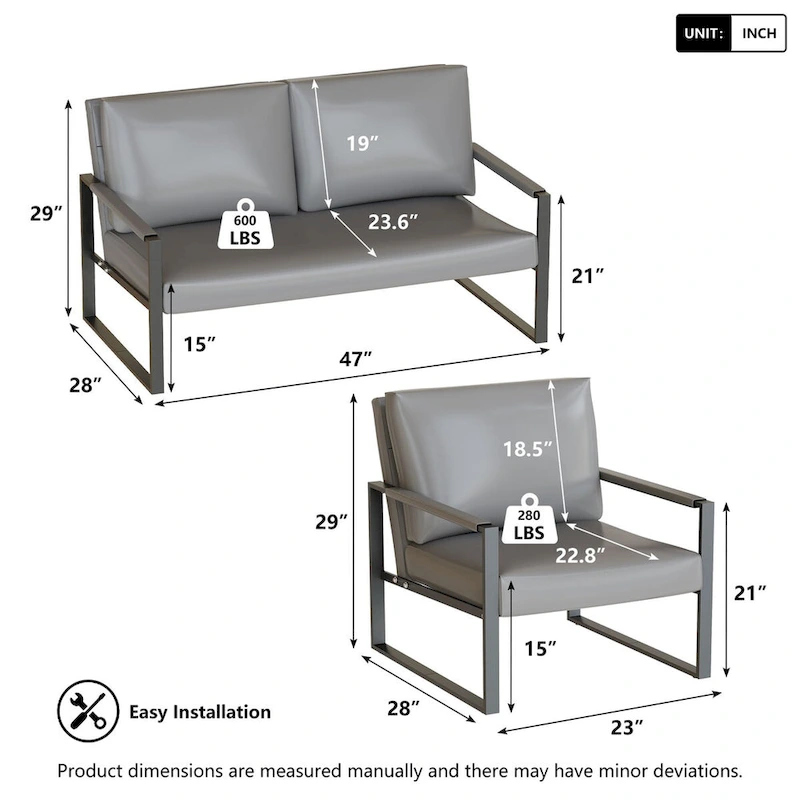 Mieres Mid-Century Style 3-Piece PU Leather Living Room Sofa Set Including 2 Armchairs and 1 Loveseat Sofa