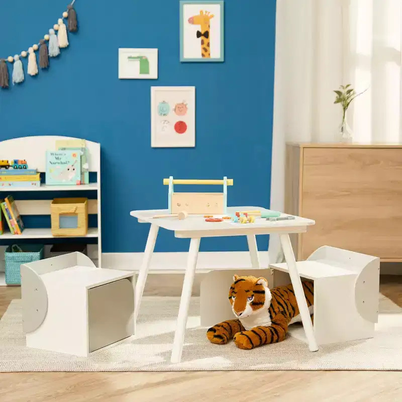 Kids Table & Chairs Set, Grey - MDF, 3-Piece Playset