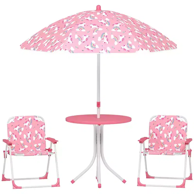 Qaba Kids Picnic Table with 2 Folding Chairs and Umbrella, Unicorn Theme Portable Children Outdoor Furniture for Backyard, Garden, Patio, Pink