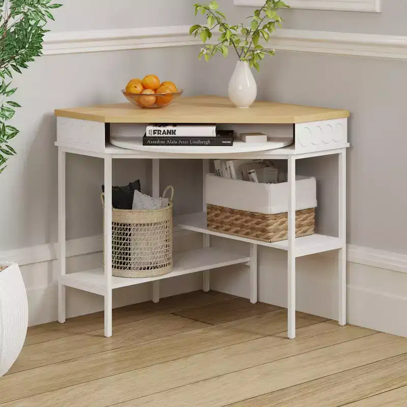 Famapy White & Oak Rotating Corner Side Table  Curved Drawer + Open Shelves