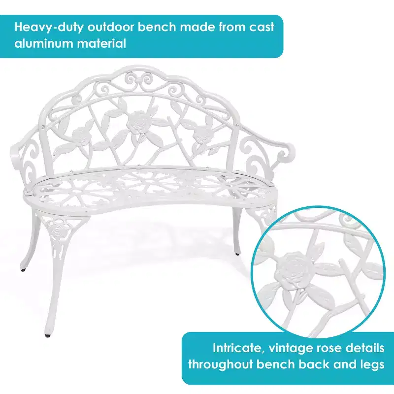 Sunnydaze 2-Person Classic Rose Design Cast Aluminum Outdoor Garden Bench, White
