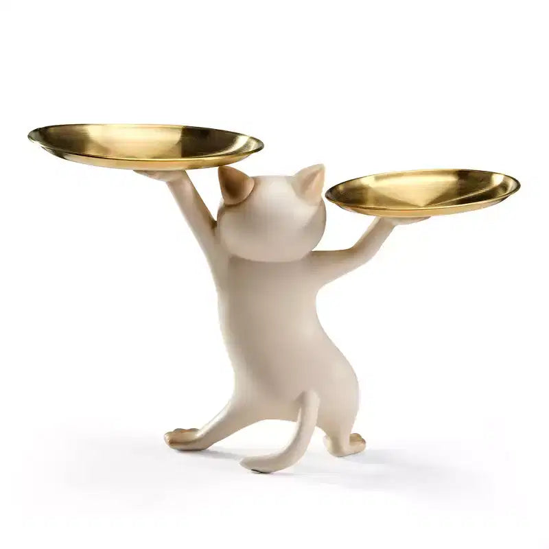 Enchanting Cat Side Table with Dual Tempered Glass Trays - Gold & Beige